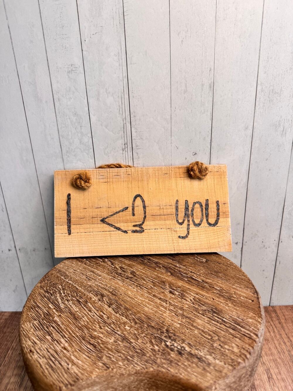 Wood Plaque I Love You Woodburning Art Gift Rustic Wall Hanging NEW!
